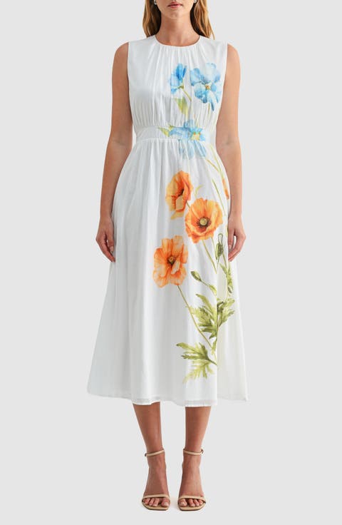 Floral Print Cinched Waist Sleeveless Midi Dress