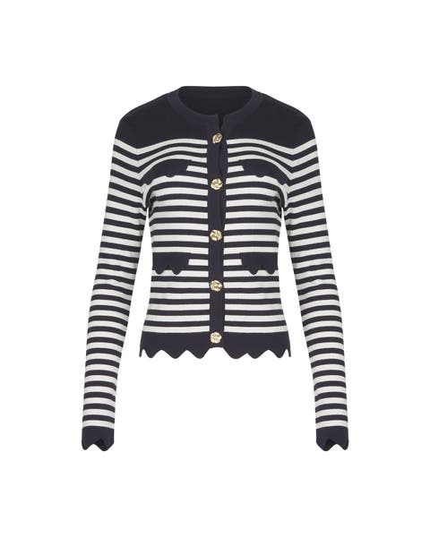 Women's  Cardigan Blue And White Striped Cardigan With Gold Flower Buttons