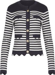 Anne Fontaine Women's  Cardigan Blue And White Striped Cardigan With Gold Flower Buttons