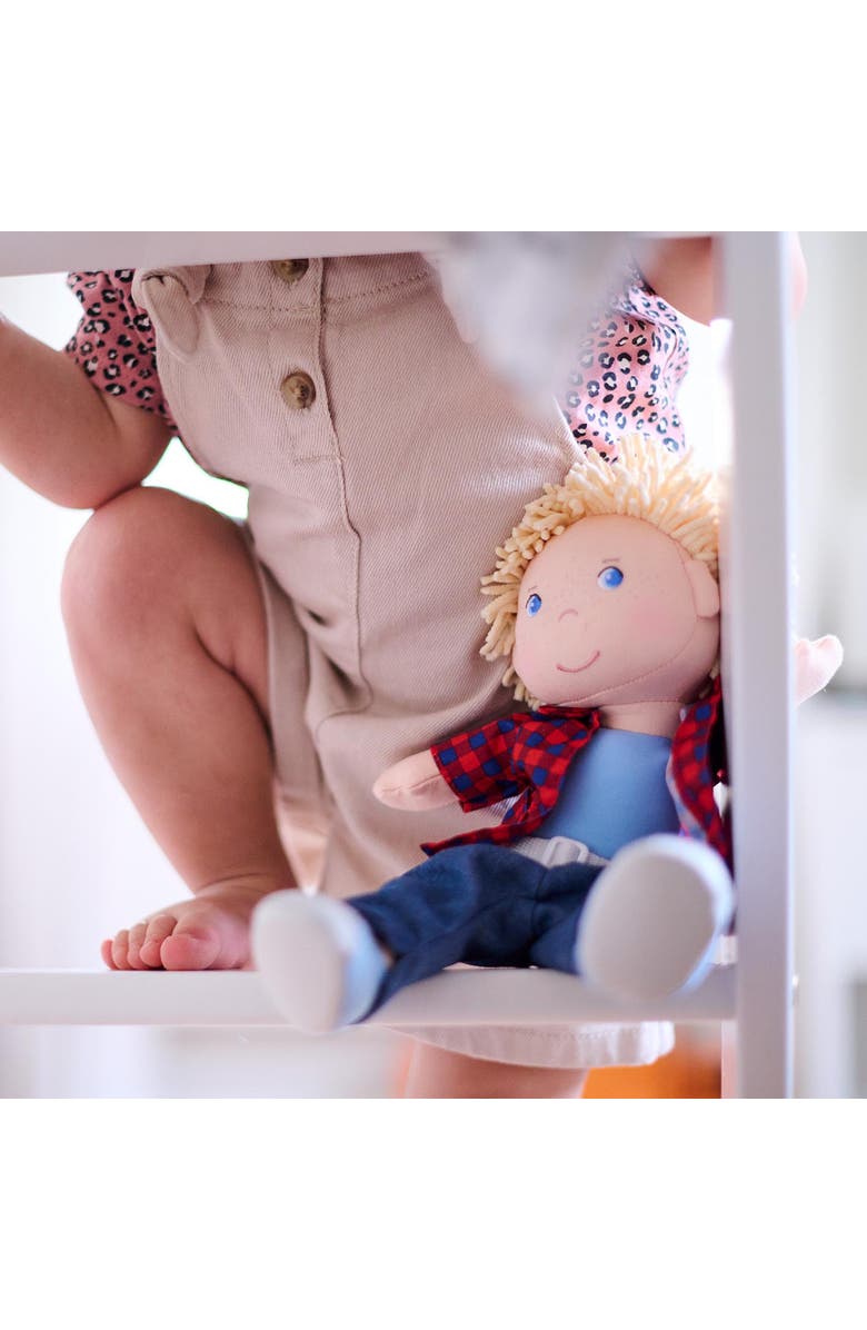 HABA Nick 12" Soft Doll - Baby Boy Doll with Blonde Hair and Blue Eyes (Machine Washable) Perfect Plush Toy for 18 Months & Up, Alternate, color, Red Multi