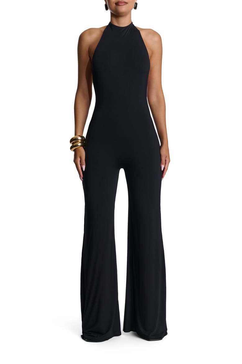 Open Back Halter Wide Leg Jumpsuit, Main, color, BLACK