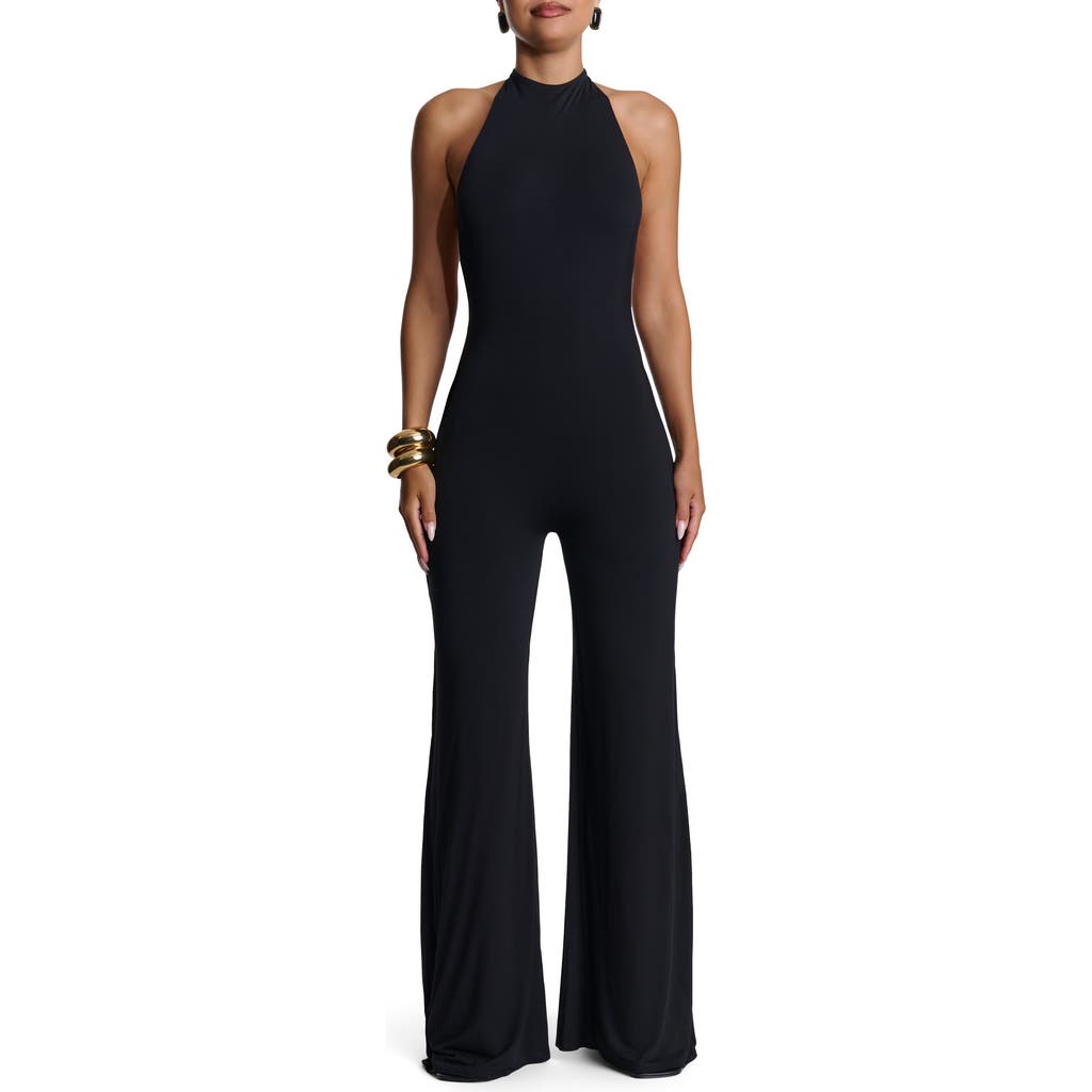 Naked Wardrobe Open Back Halter Wide Leg Jumpsuit In Black