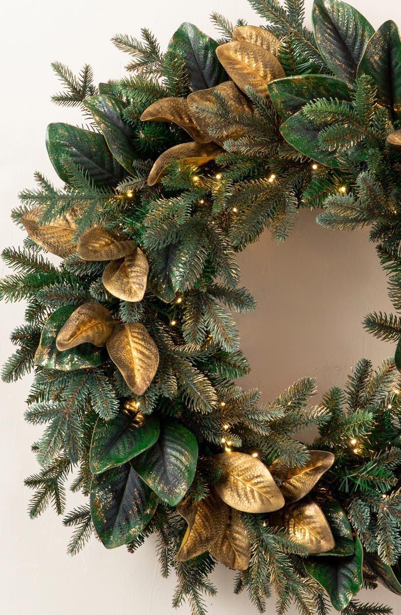 Balsam Hill Magnolia Gilded Leaf Pre Lit Artificial Wreath, Alternate, color, 