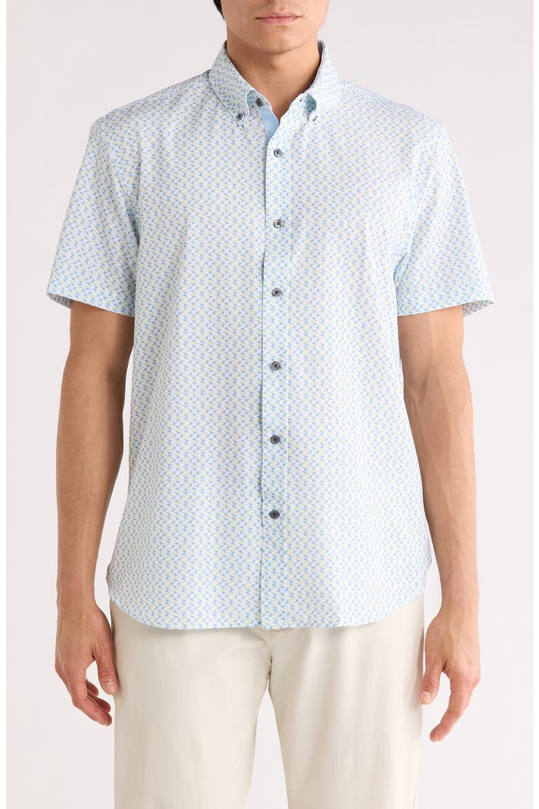 Slim Fit Zigzag Short Sleeve Button-Down Shirt, Main, color, WHITE/ YELLOW