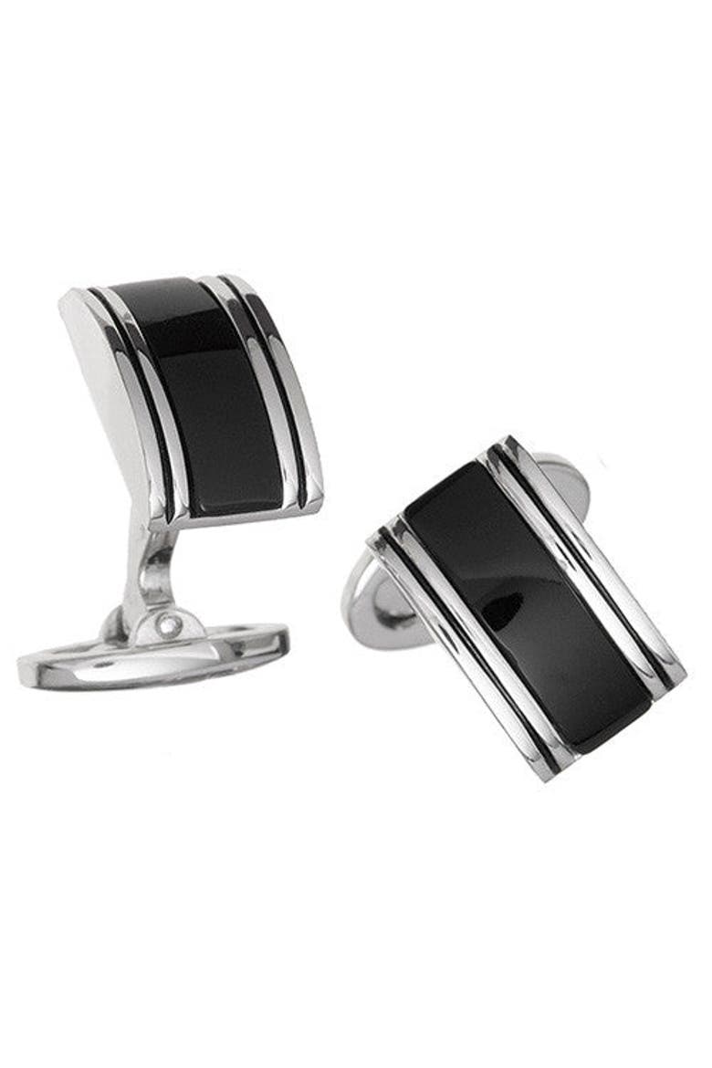 Linear Etch Rectangular Gemstone Sterling Silver Cufflinks, Main, color, BLACK