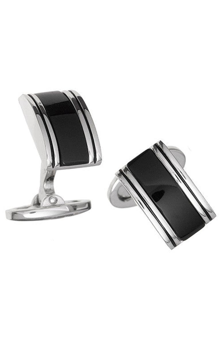 Jan Leslie Linear Etch Rectangular Gemstone Sterling Silver Cufflinks, Main, color, Black