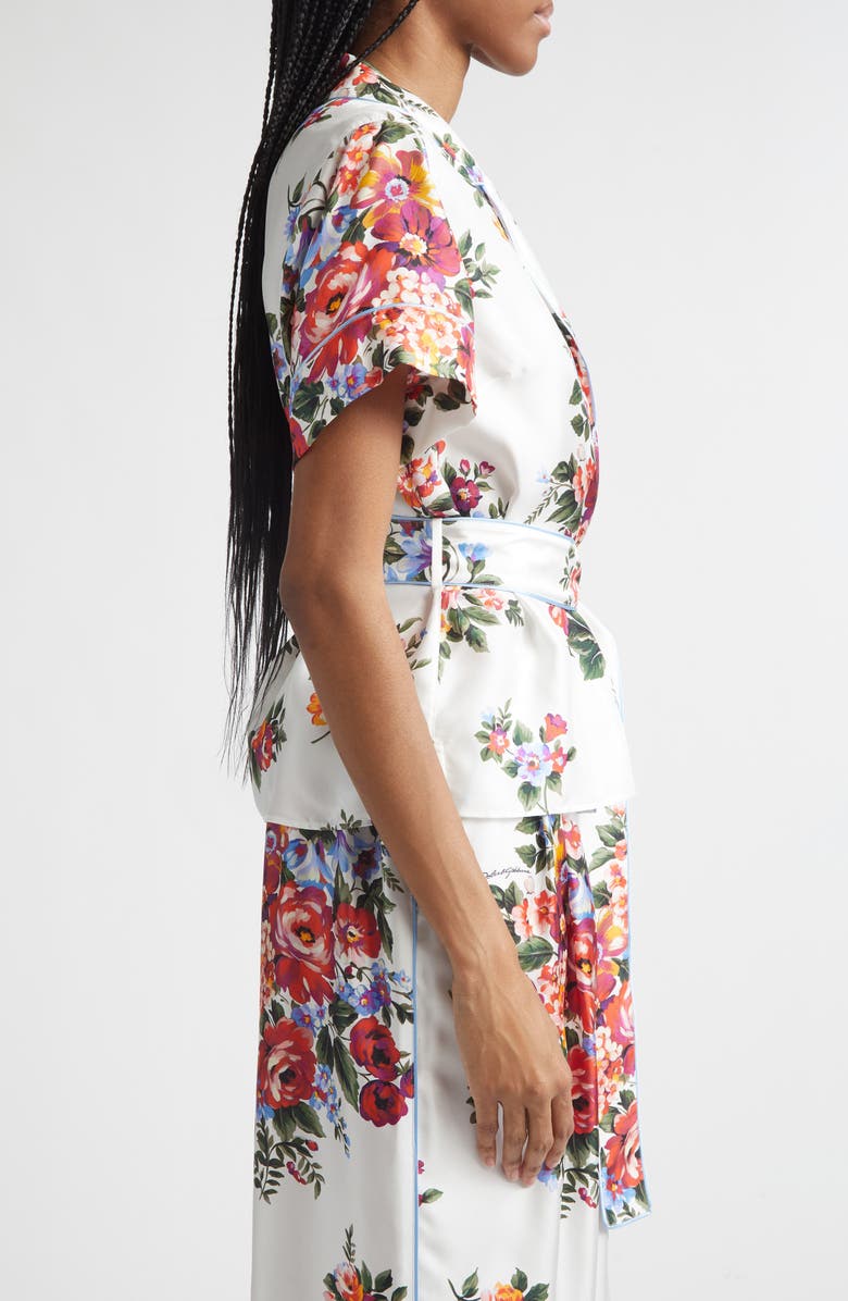 Dolce&Gabbana Floral Bouquet Print Belted Silk Twill Shirt, Alternate, color, Mazz.fiori F.bianco