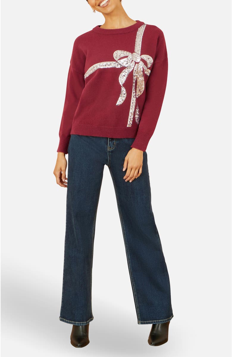 Yumi Sequin Bow Knitted Sweater, Alternate, color, Burgundy