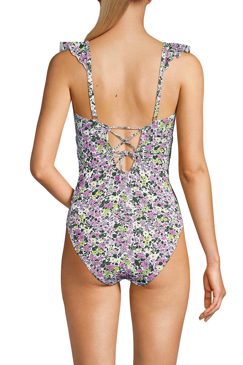 Pique Ruffle One Piece Swimsuit, Alternate, color, White Multi Ditsy Floral
