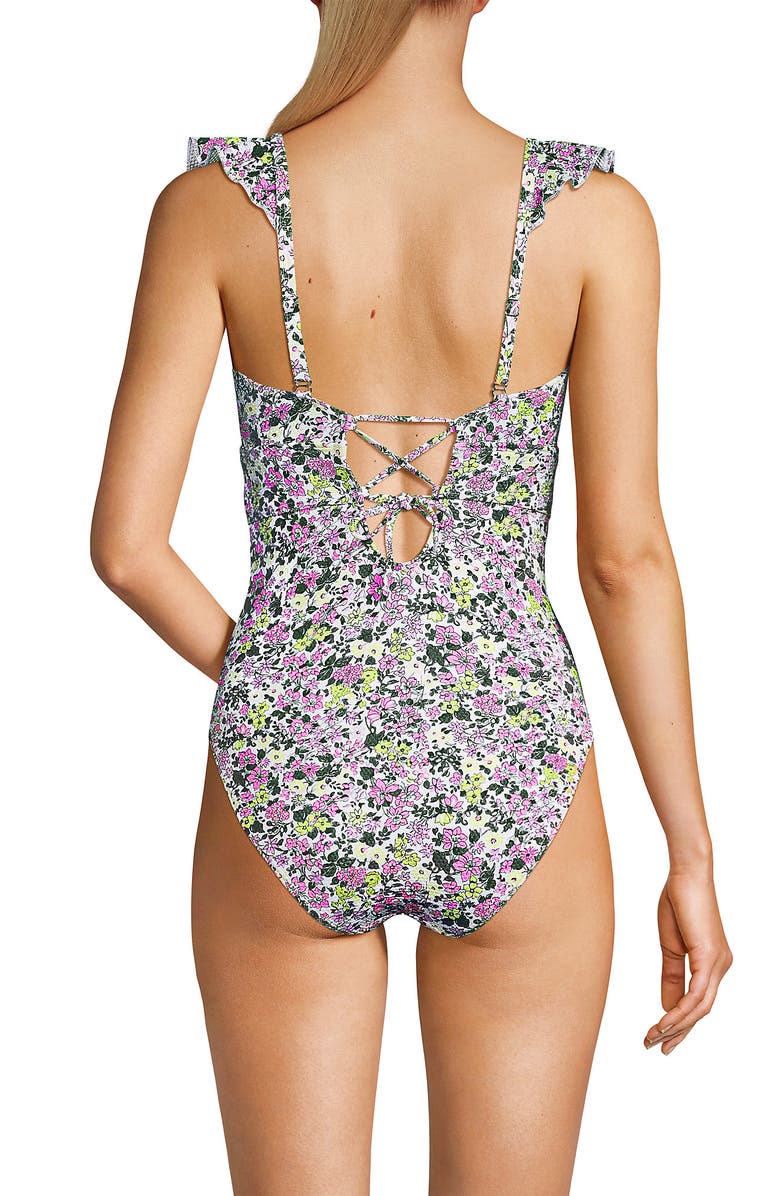 Lands' End Pique Ruffle One Piece Swimsuit, Alternate, color, White Multi Ditsy Floral