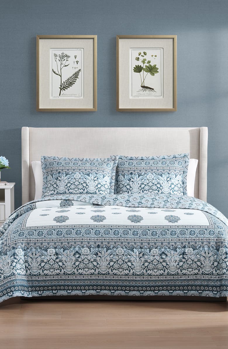 Bebejan Aquamarine Medallion Cotton Reversible Quilted Coverlet Set, Alternate, color, Blue