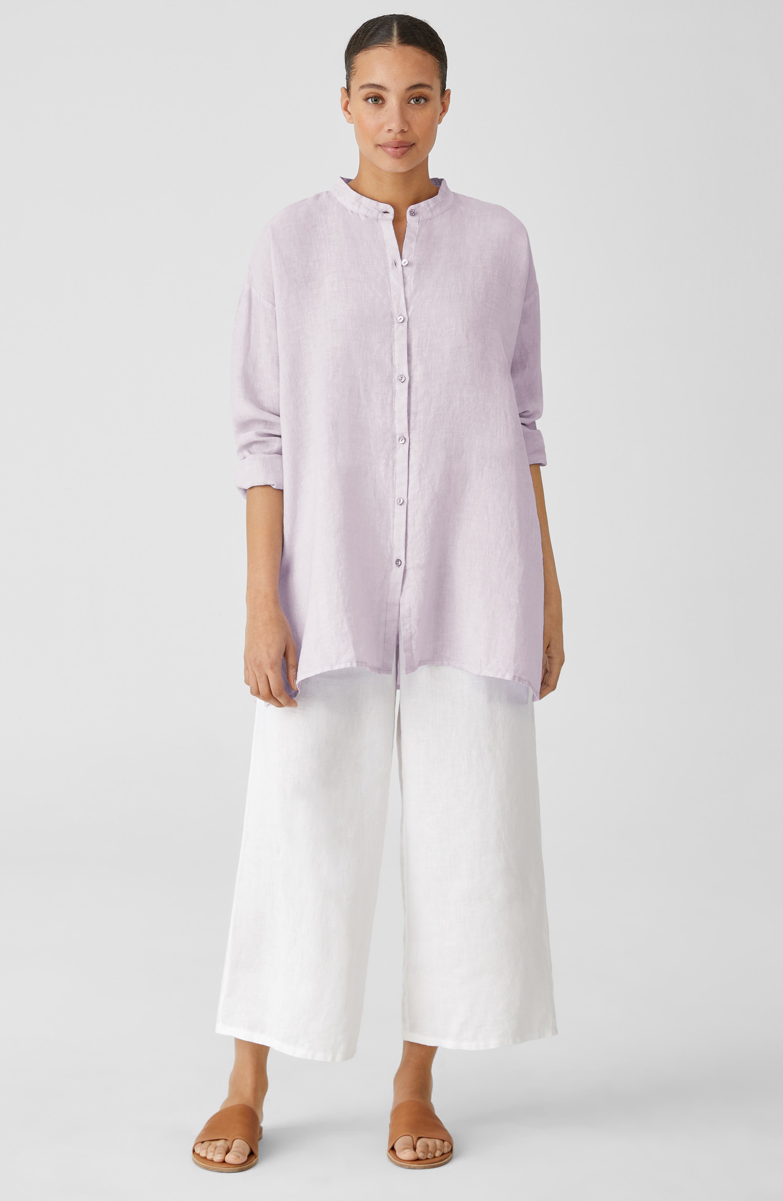 Eileen Fisher Band Collar Organic Linen Shirt (Women) | Nordstromrack