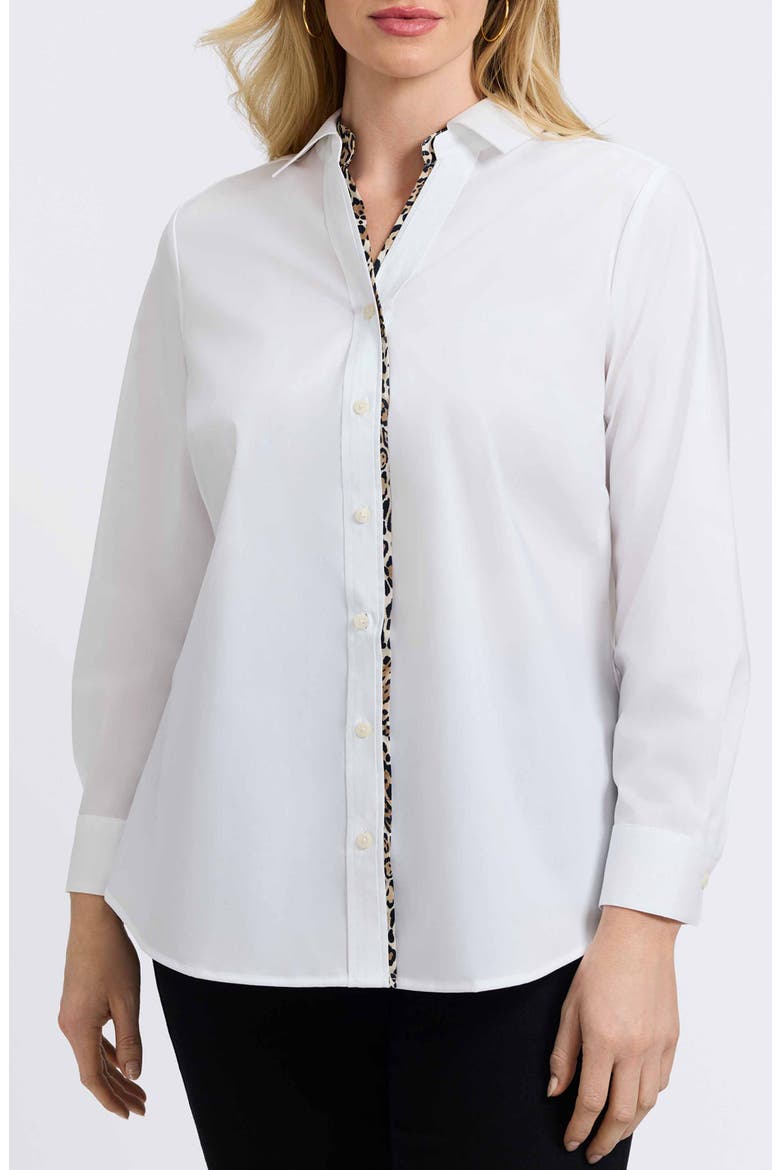 Marlee Leopard Trim Cotton Blend Button-Up Shirt, Main, color, WHITE