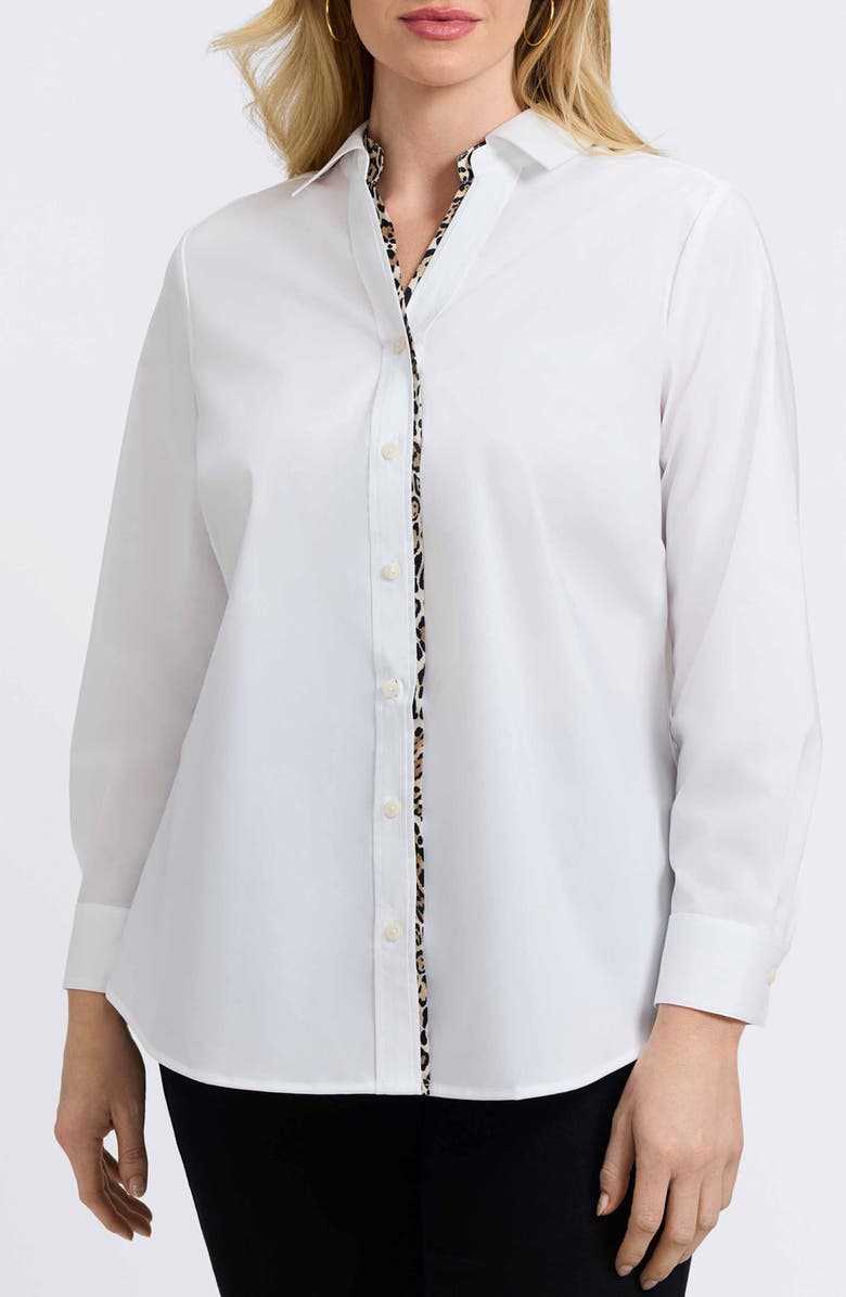 Foxcroft Marlee Leopard Trim Cotton Blend Button-Up Shirt, Main, color, White