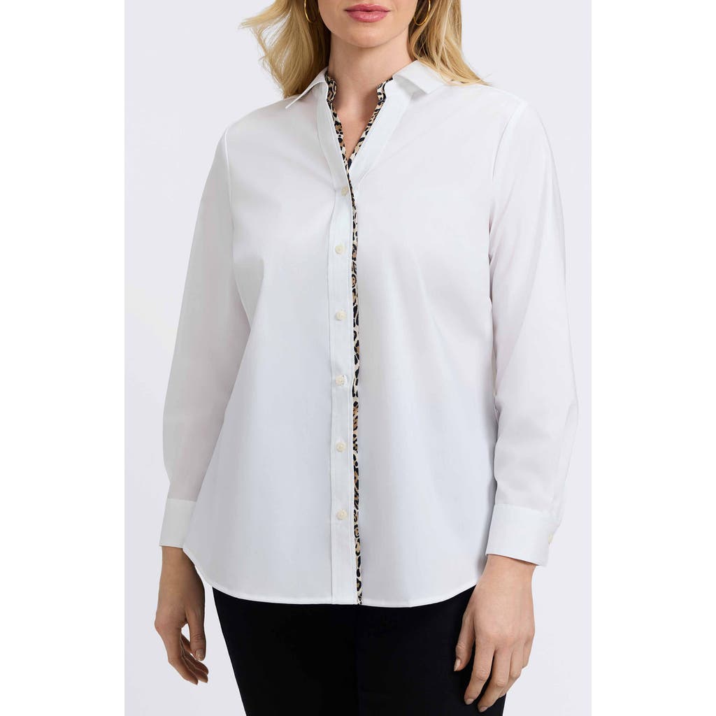Foxcroft Marlee Leopard Trim Cotton Blend Button-up Shirt In White
