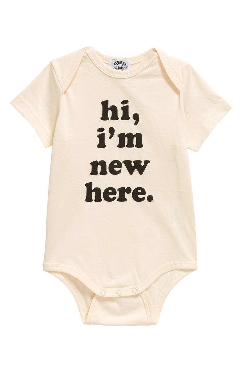 POLISHED PRINTS Hi I'm New Here Organic Cotton Bodysuit, Main, color, Natural