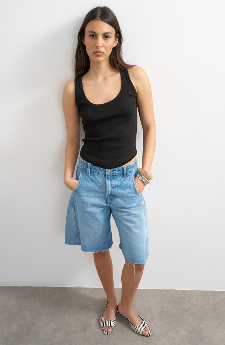 Topshop Rib Curved Hem Stretch Cotton Tank, Main, color, Black