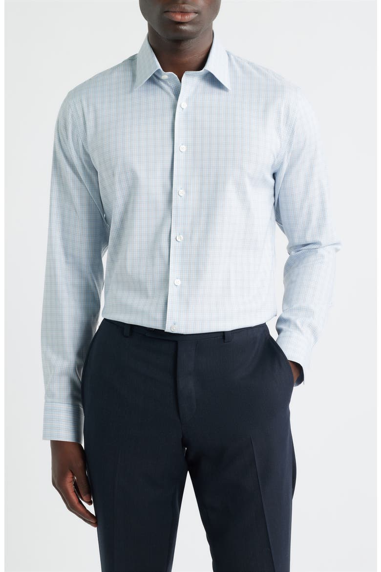 Trim Fit Check Premium Performance Twill Dress Shirt, Main, color, BLUE- BROWN CHEVAL PLAID