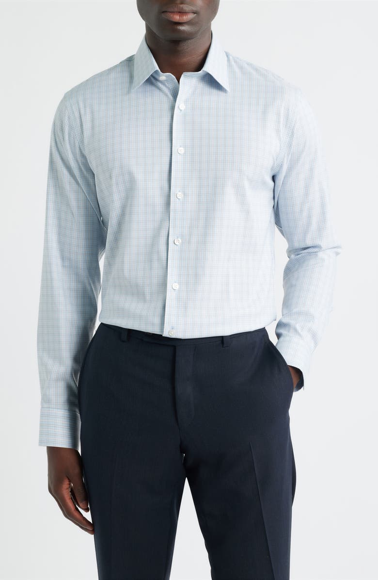 Nordstrom Trim Fit Check Premium Performance Twill Dress Shirt, Main, color, Blue- Brown Cheval Plaid