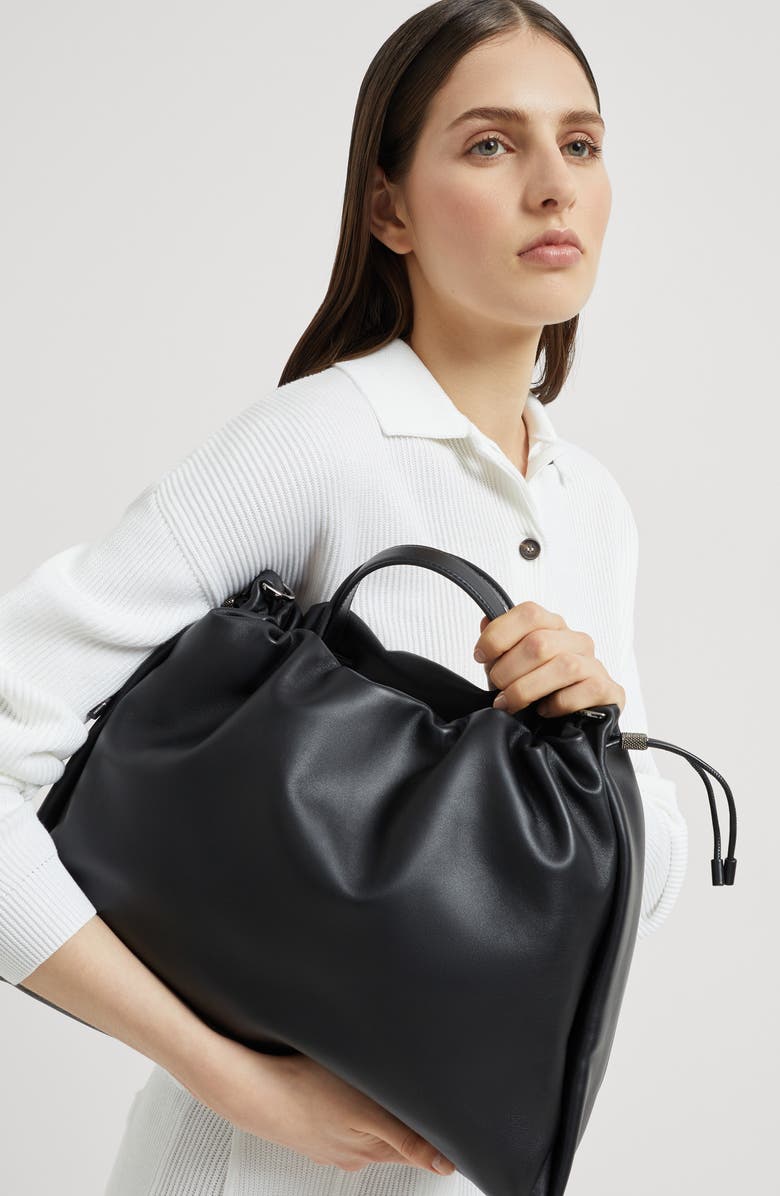 Brunello Cucinelli Large Soft leather Mellow Shopper bag, Alternate, color, Black