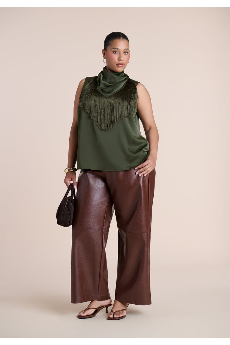 Satin Fringed Scarf Top, Alternate, color, GARDEN OLIVE