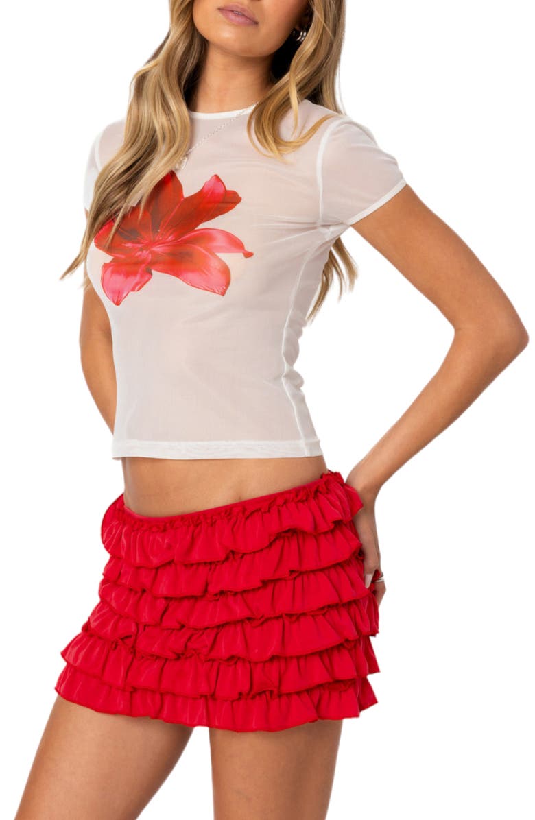 EDIKTED Aloha Floral Mesh Shrunken T-Shirt, Alternate, color, White