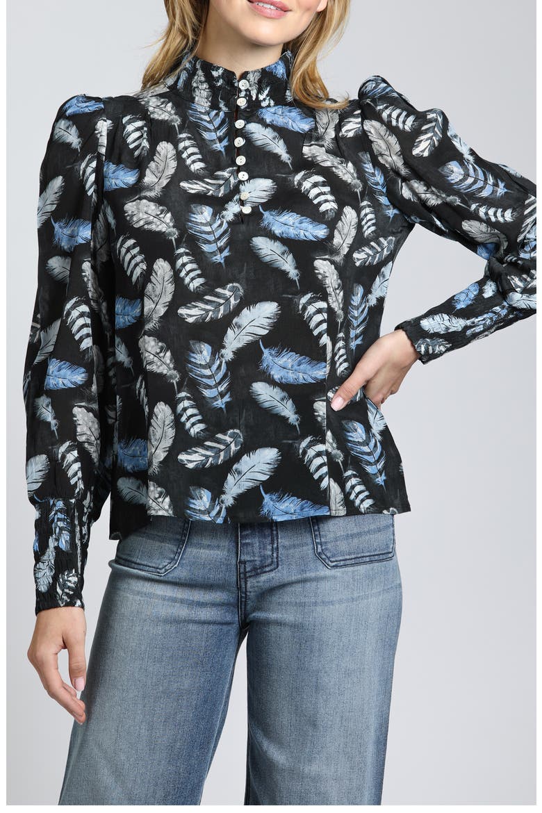 Puff Shoulder Button Front Top, Main, color, BLACK/BLUE MULTI