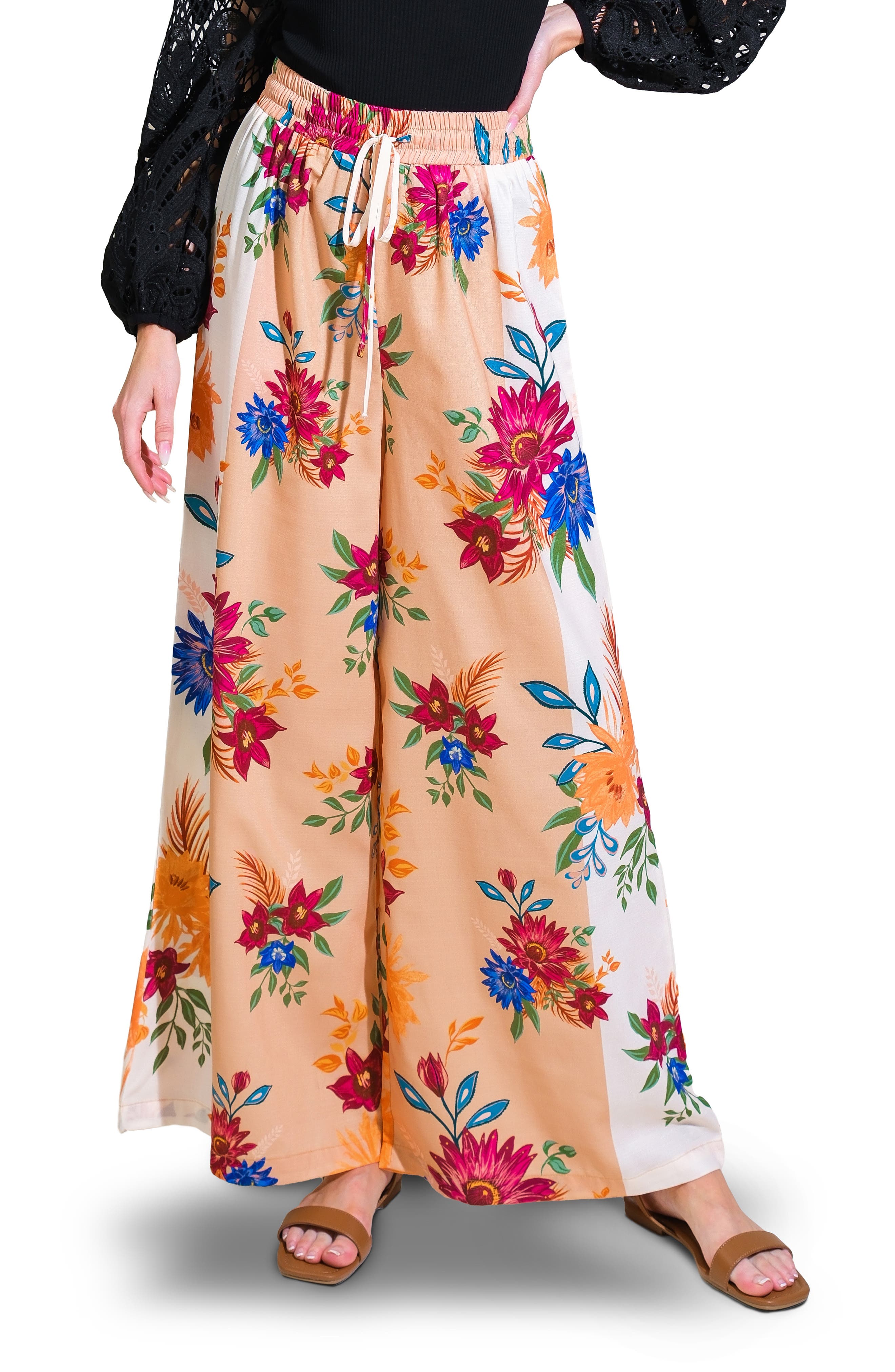 FLYING TOMATO Floral Wide Leg Drawstring Pants