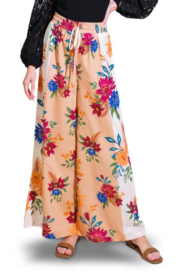 Flying Tomato Floral Wide Leg Drawstring Pants In Brown