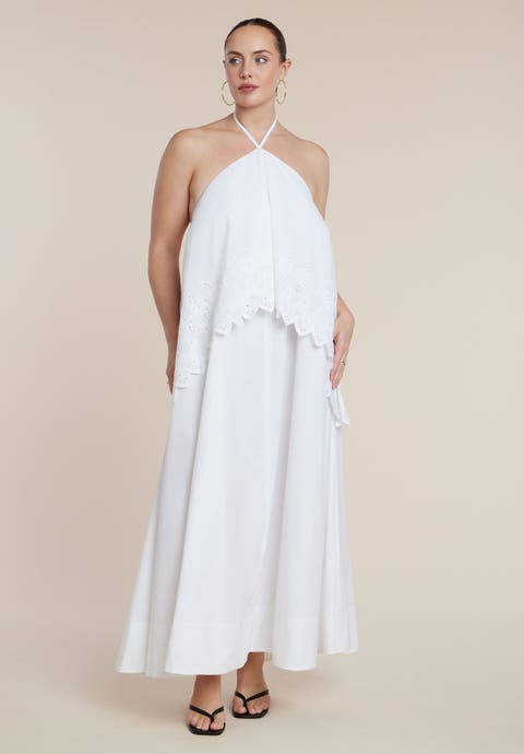 Embroidered Eyelet Halter Maxi Dress (Plus)