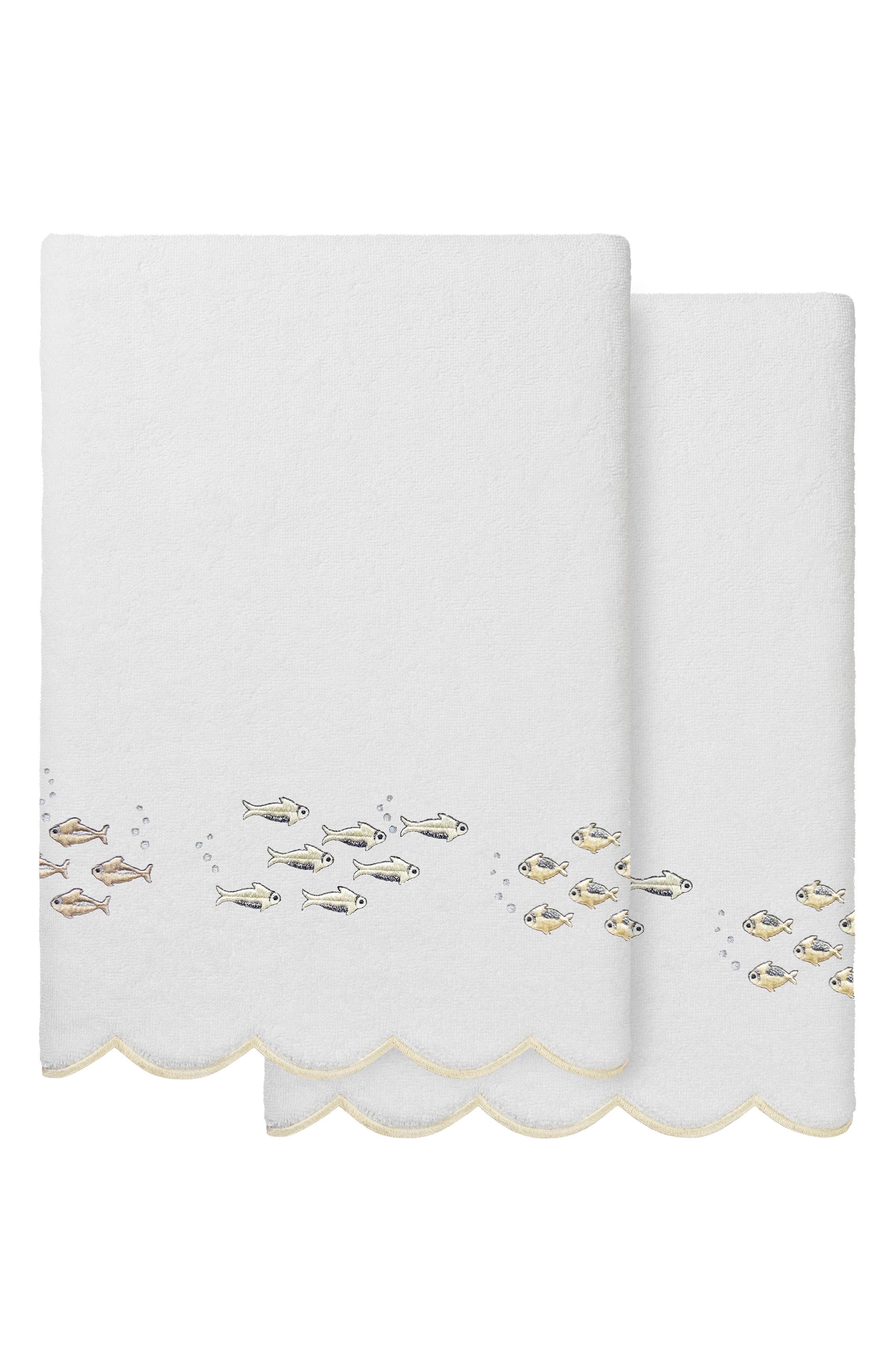 2-Piece Fish School Embroidered Turkish Cotton Bath Towel Set