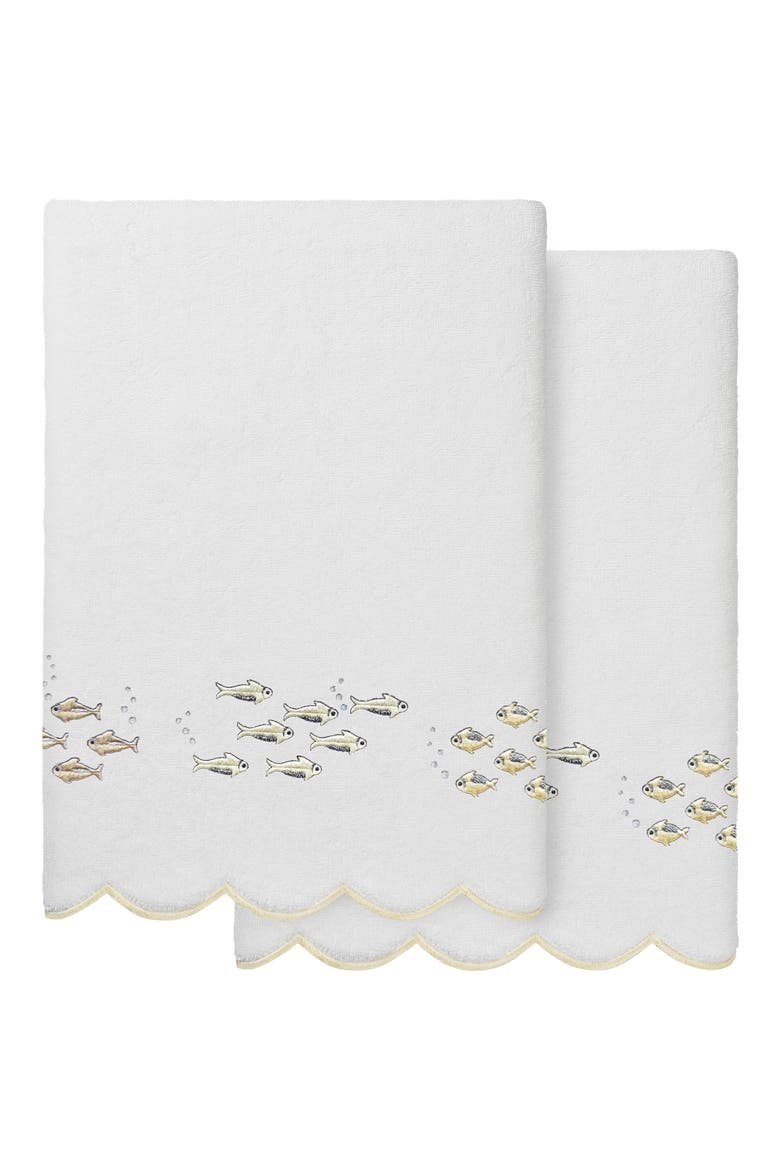 2-Piece Fish School Embroidered Turkish Cotton Bath Towel Set, Main, color, WHITE/ BEIGE