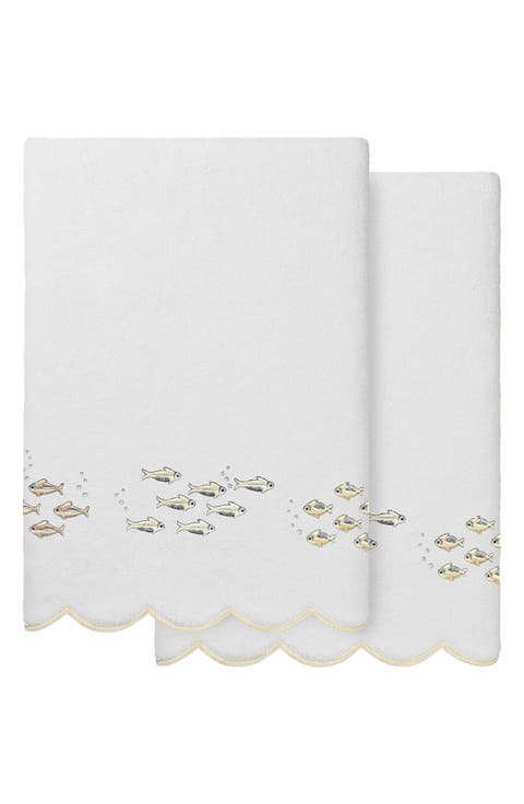 2-Piece Fish School Embroidered Turkish Cotton Bath Towel Set