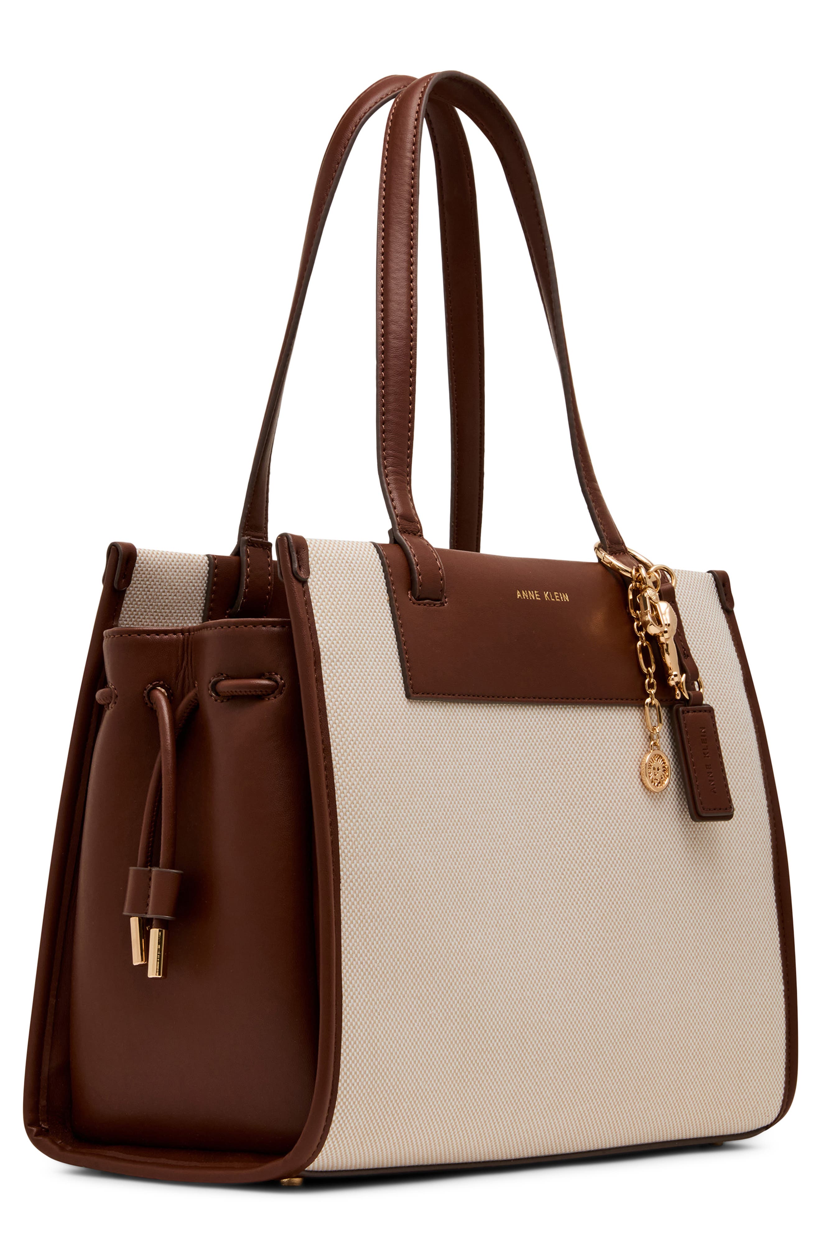 Anne Klein Canvas Tote with Removable Wrist Pouch, Alternate, color, Tan-Cream/ Walnut
