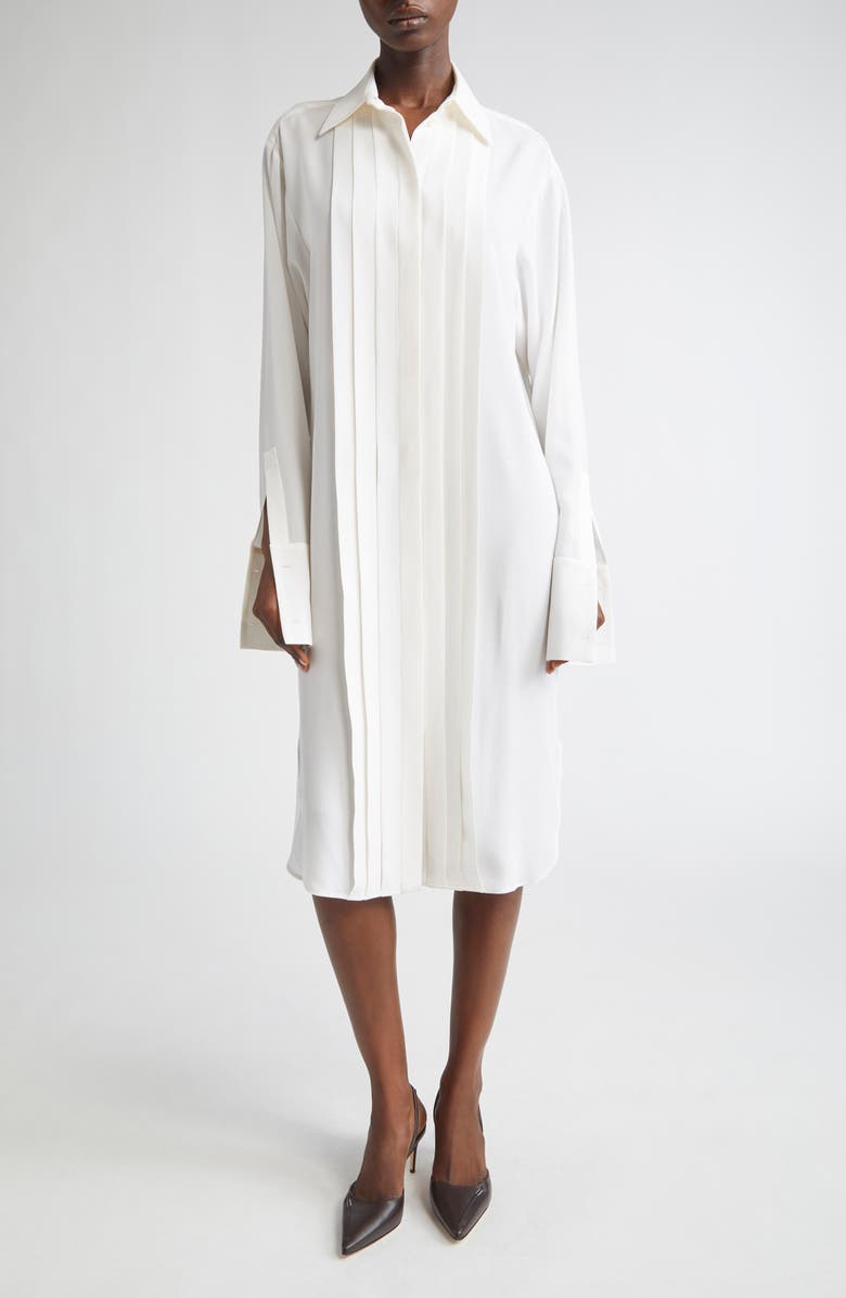 Michael Kors Collection Pleated Front Long Sleeve Silk Shirtdress, Main, color, Optic White