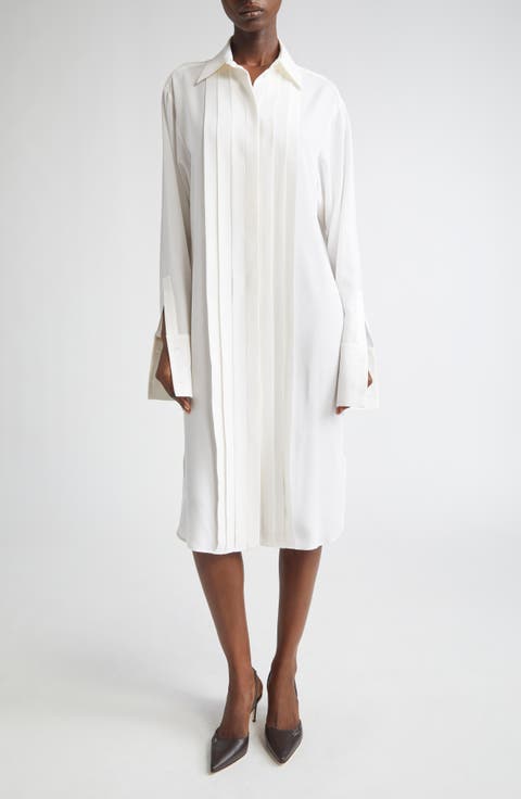 Pleated Front Long Sleeve Silk Shirtdress