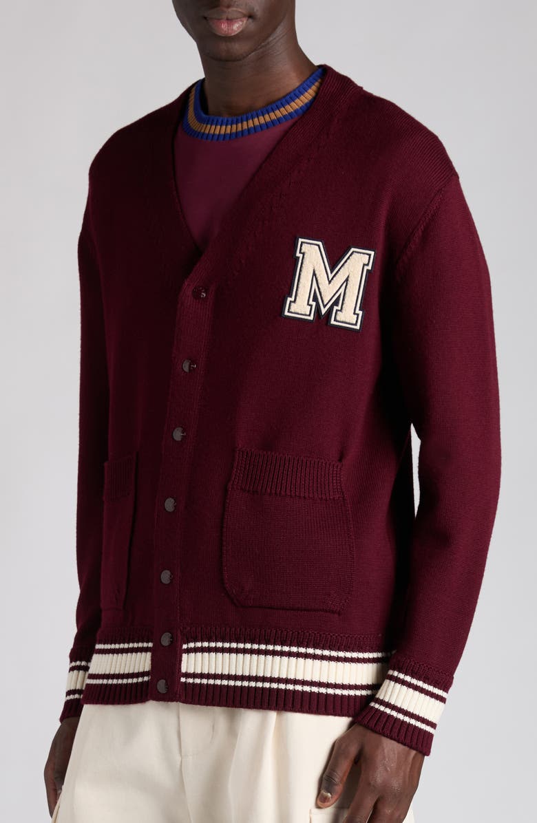 Moncler Monogram Patch Virgin Wool Cardigan, Alternate, color, Catawba Grape