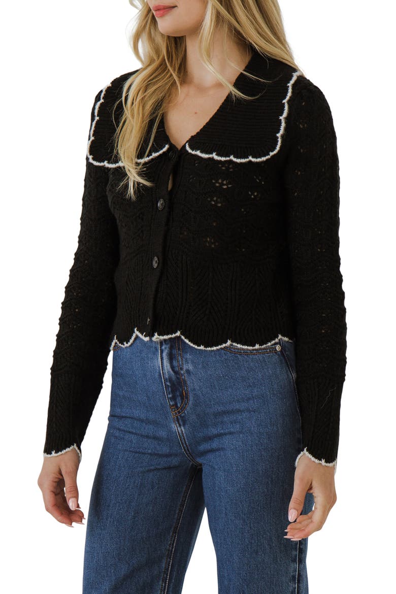 Scallop Pointelle Cardigan, Alternate, color, BLACK