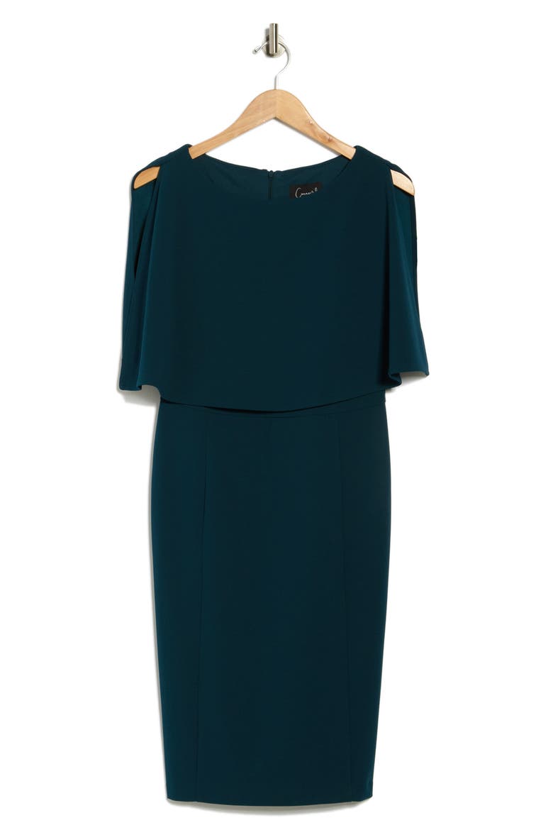 Cape Sleeve Crepe Sheath Dress, Alternate, color, DARK MALLARD