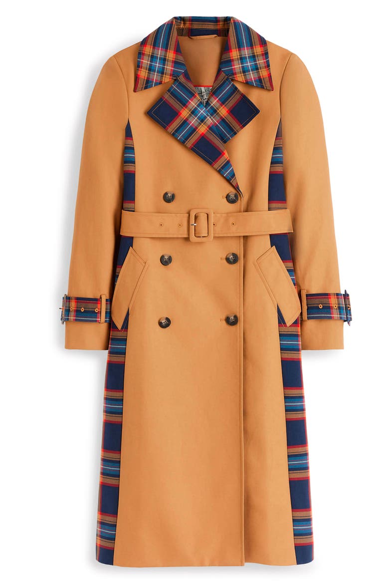 Plaid Accent Double Breasted Cotton Trench Coat, Alternate, color, CAMEL