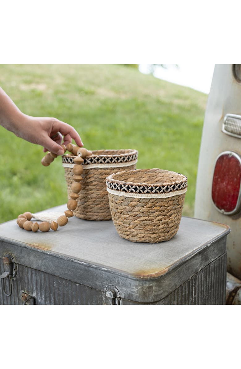 Foreside Home and Garden Set of 2 Embroidered Rim Baskets Natural Seagrass & Jute, Alternate, color, Brown