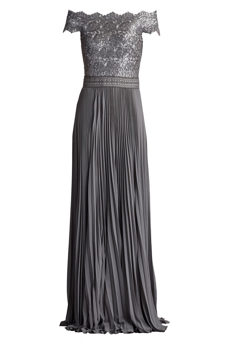 Off the Shoulder Sequin Lace Pleated Gown, Alternate, color, MIST