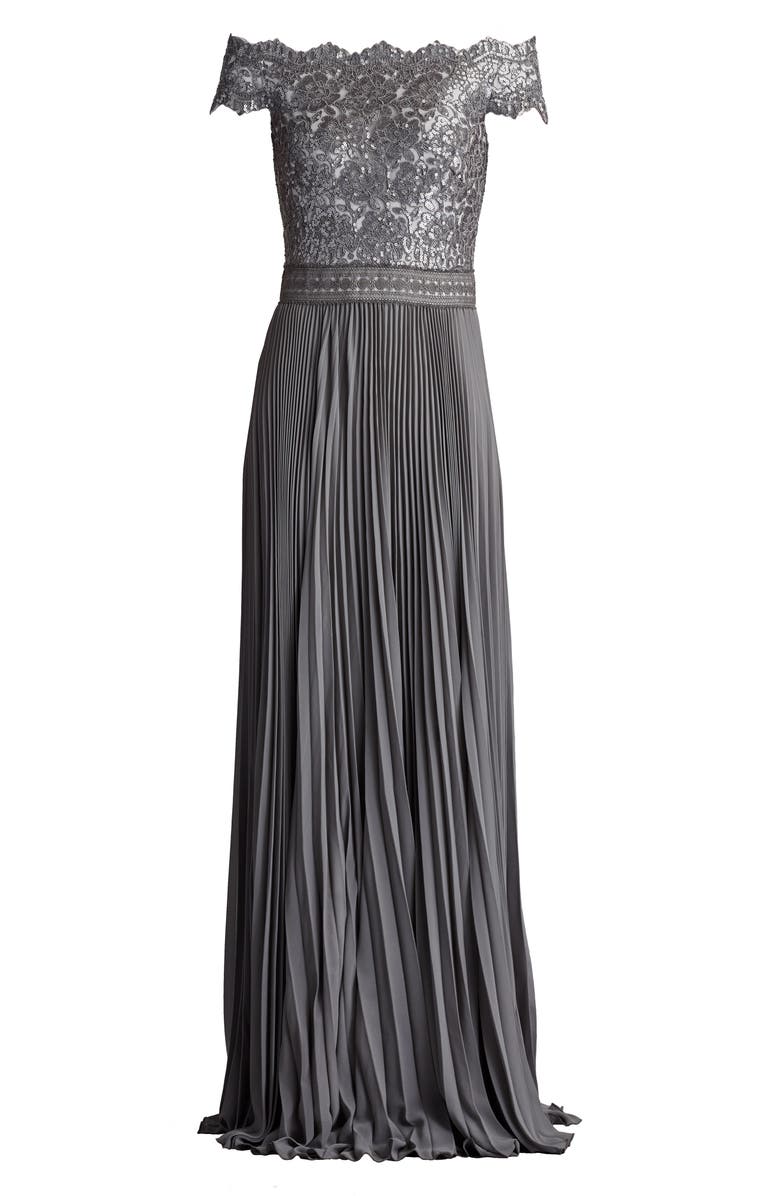 Tadashi Shoji Off the Shoulder Sequin Lace Pleated Gown, Alternate, color, 