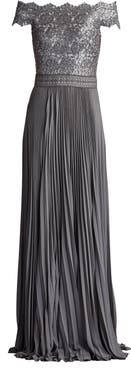 Tadashi Shoji Off the Shoulder Sequin Lace Pleated Gown