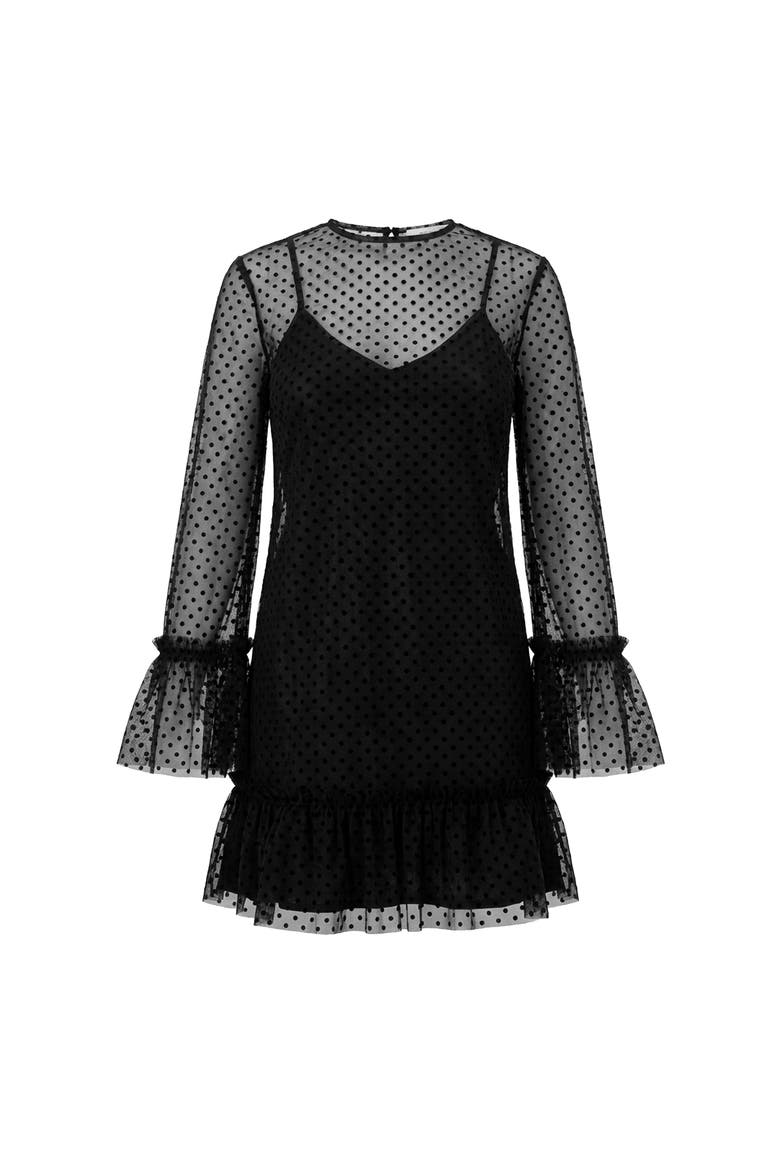 Flocked Polka Dot Short Dress with Wide Long Sleeves, Alternate, color, Black