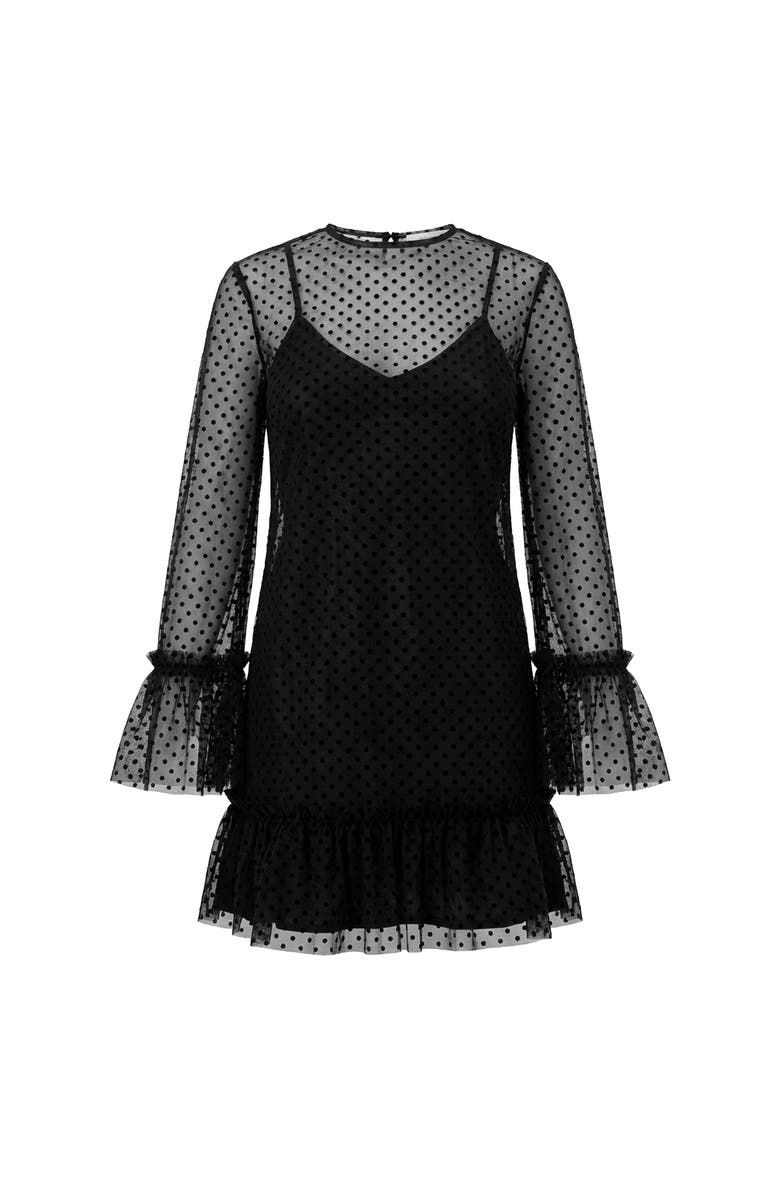 IVONNE Flocked Polka Dot Short Dress with Wide Long Sleeves, Alternate, color, Black