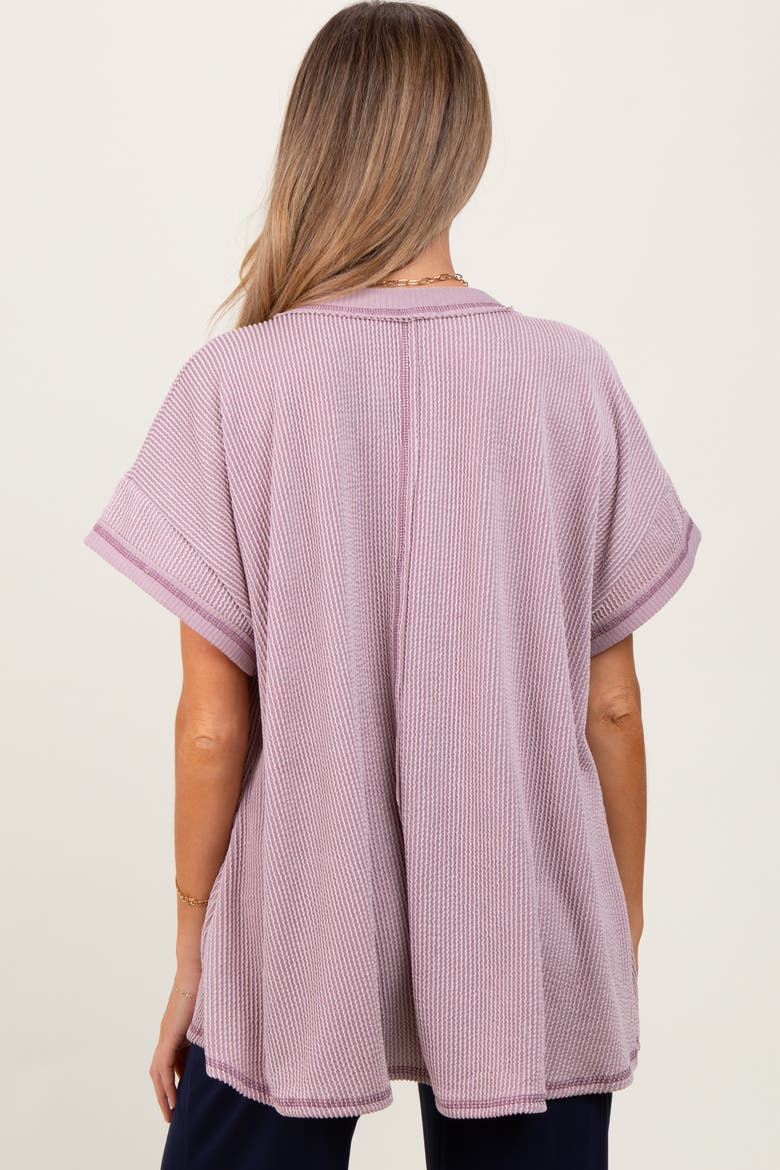Striped Ribbed V-Neck Oversized Short Sleeve Top, Alternate, color, Mauve