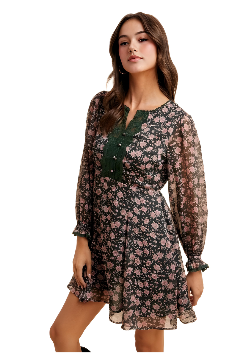 Knit and Lounge Floral Chiffon Sheer Sleeve Lace Trim Mini Dress, Alternate, color, Black Floral