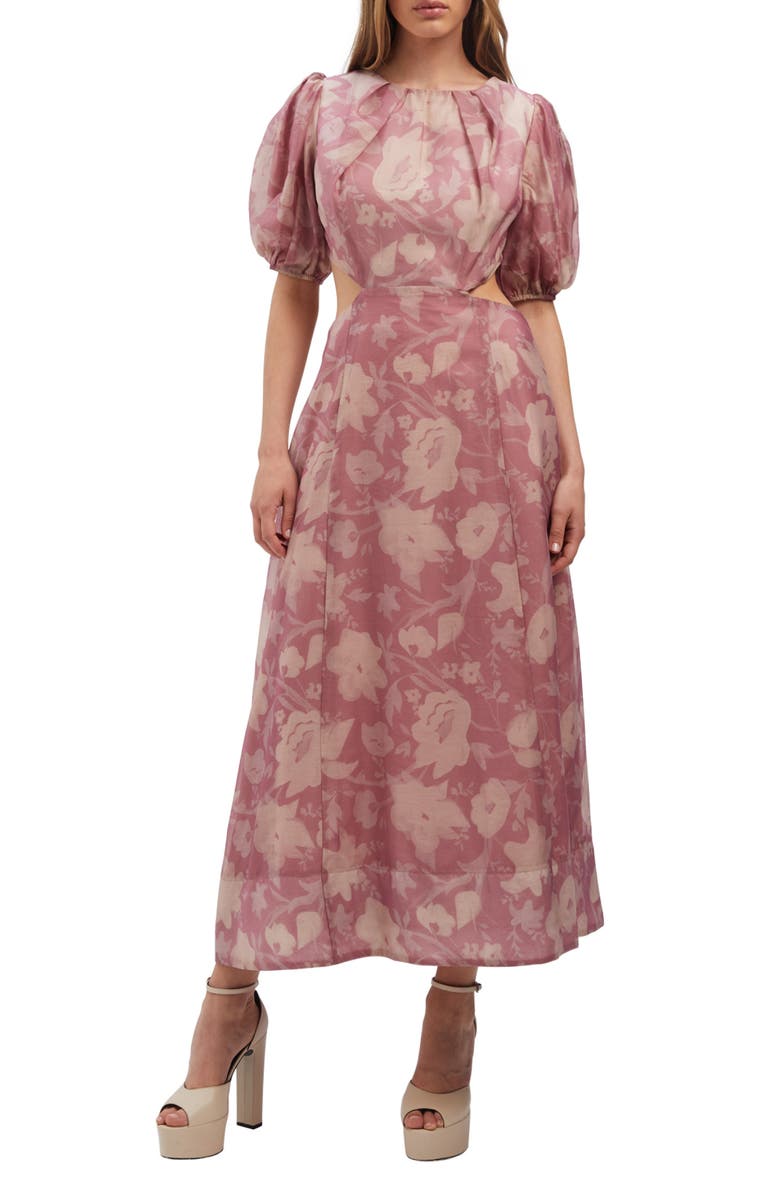 Bardot Fontana Floral Puff Sleeve Cutout Midi Dress, Main, color,
