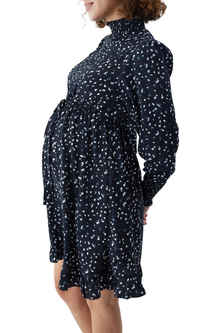 Smocked Long Sleeve Maternity Dress, Alternate, color, BLACK WHITE DOT